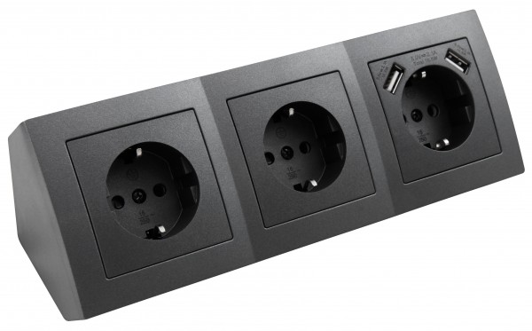 Aufbau Steckdosenblock, 3-fach Schutzkontakt &#43; 2x USB 5V / 2,4A, schwarz