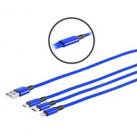 3-fach USB Ladekabel, Micro USB / USB Type C / 8-Pin, blau, 1,2m