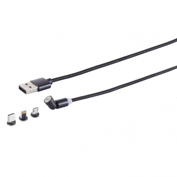 Magnetisches USB Ladekabel Set, 3 in 1, 540&#176;, schwarz, 1,20m