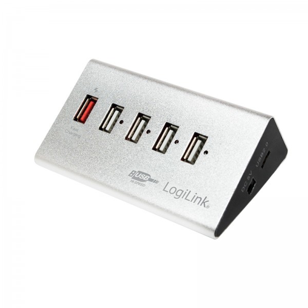 LogiLink USB 2.0 Hub, 4-Port + 1x Schnellladeport, Aluminium, inkl. Netzteil