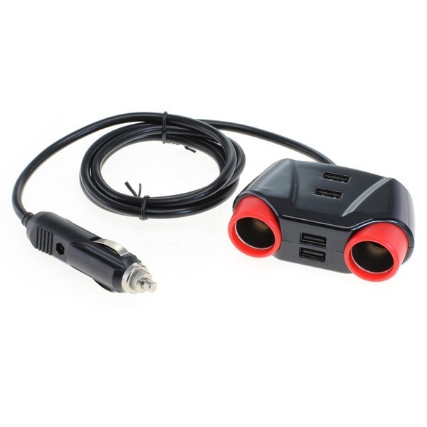 KFZ Verteiler, Zigarettenanzünder Stecker - 2x Kupplung + 4x USB, 1,2m Kabel